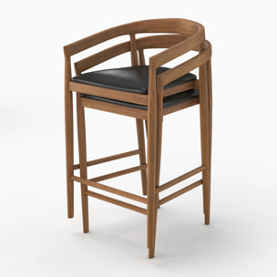 Lot de 2 chaises de bar 77 cm en teck vernis et assise en cuir noir - Bali