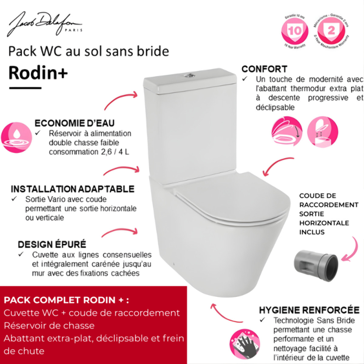WC à poser sans bride sortie universelle Rodin+ avec abattant frein de chute