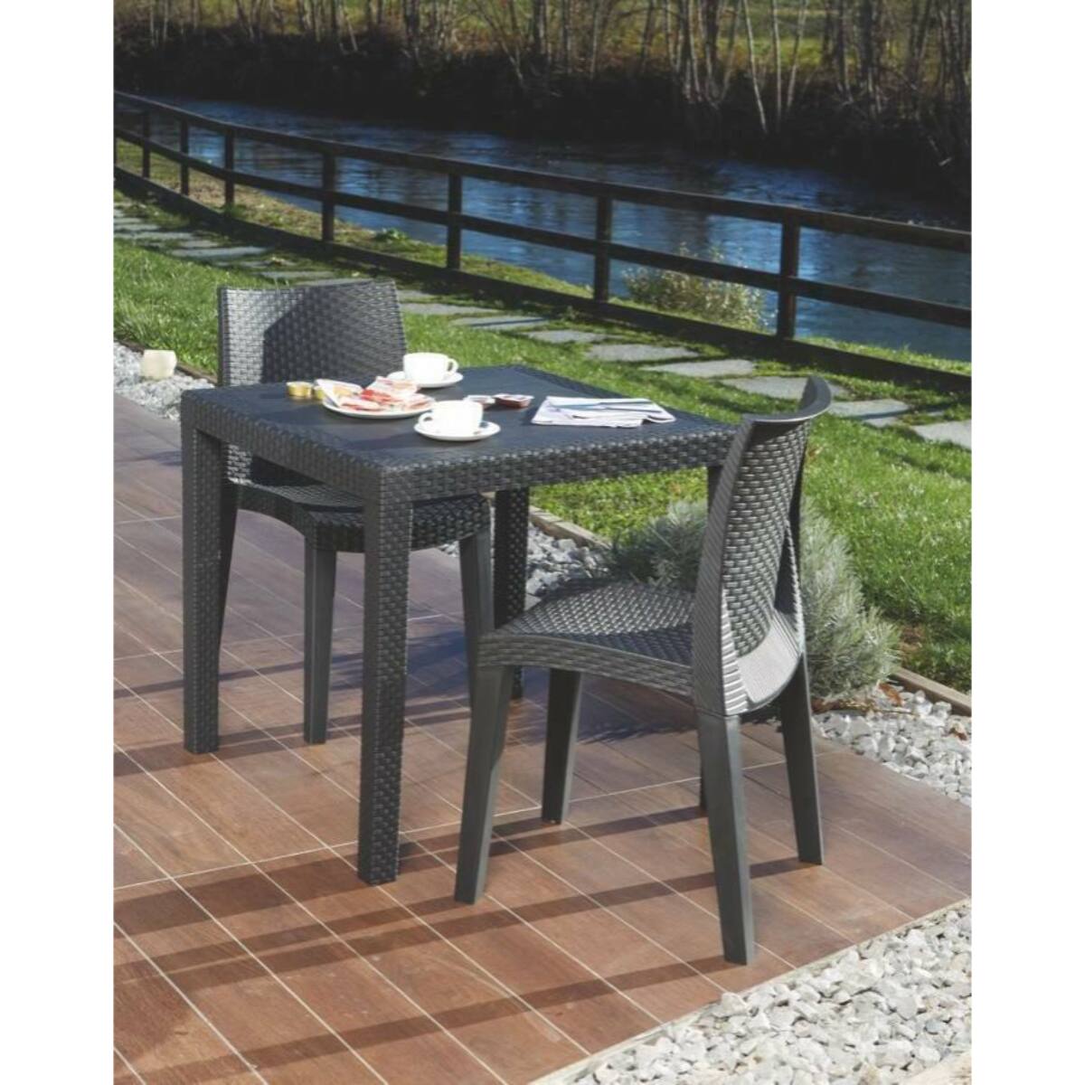 Tavolo da esterno Agrigento, Tavolo quadrato da giardino, Tavolino fisso effetto rattan, 100% Made in Italy, Cm 80x80h72, Antracite