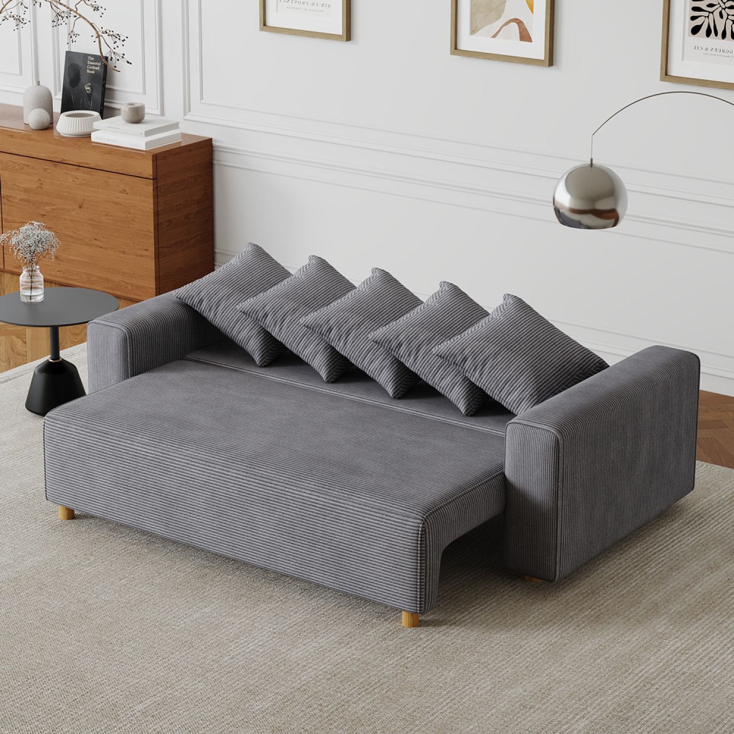 KUPANG Canapé convertible 3 places en velours côtelé gris