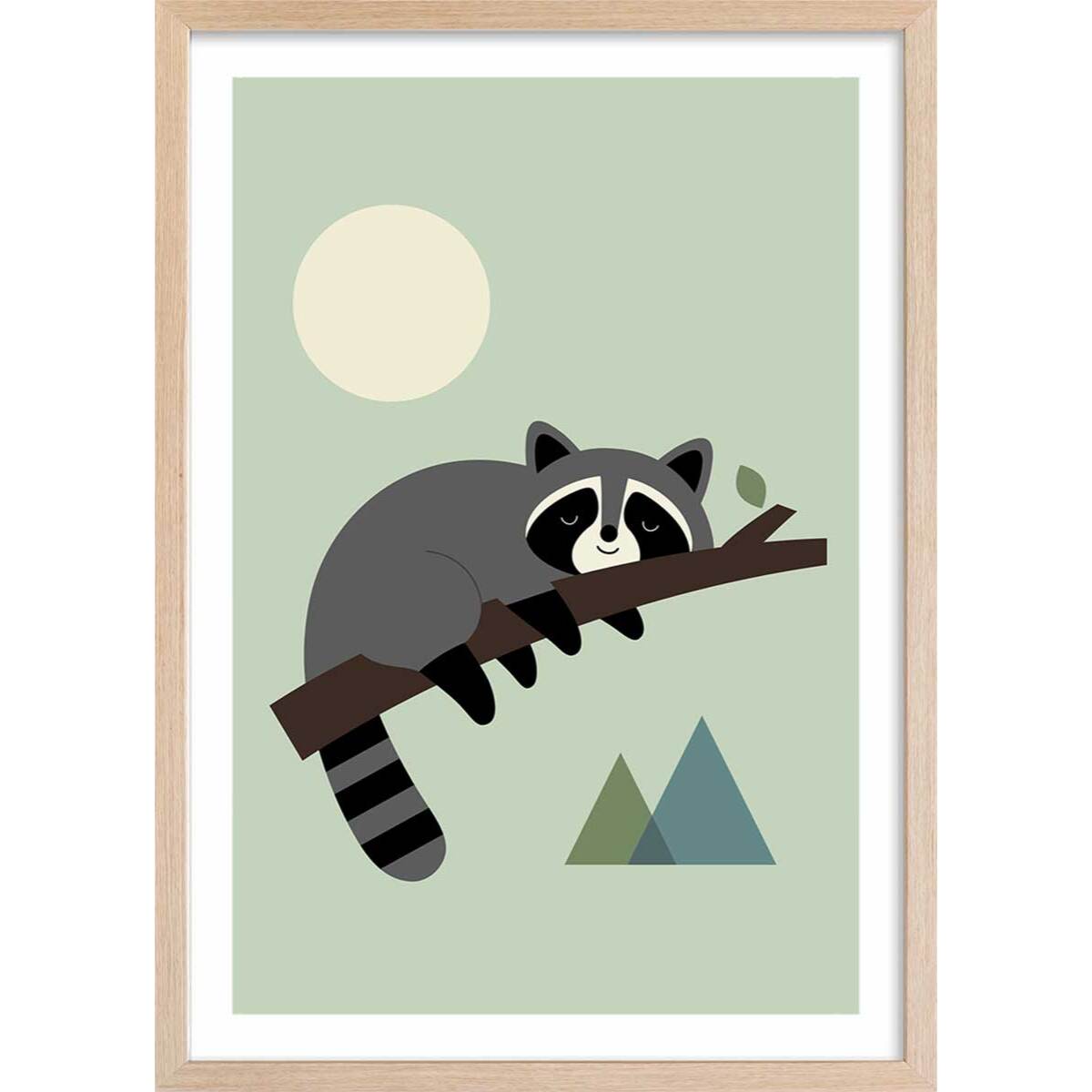 Affiche enfant raton sur sa branche  Affiche + cadre en bois - Chêne