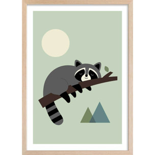 Affiche enfant raton sur sa branche  Affiche + cadre en bois - Chêne