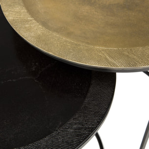 JOHAN - Set de 2 tables d'appoint gigognes rondes aluminium doré et noir - pieds ronds métal noir