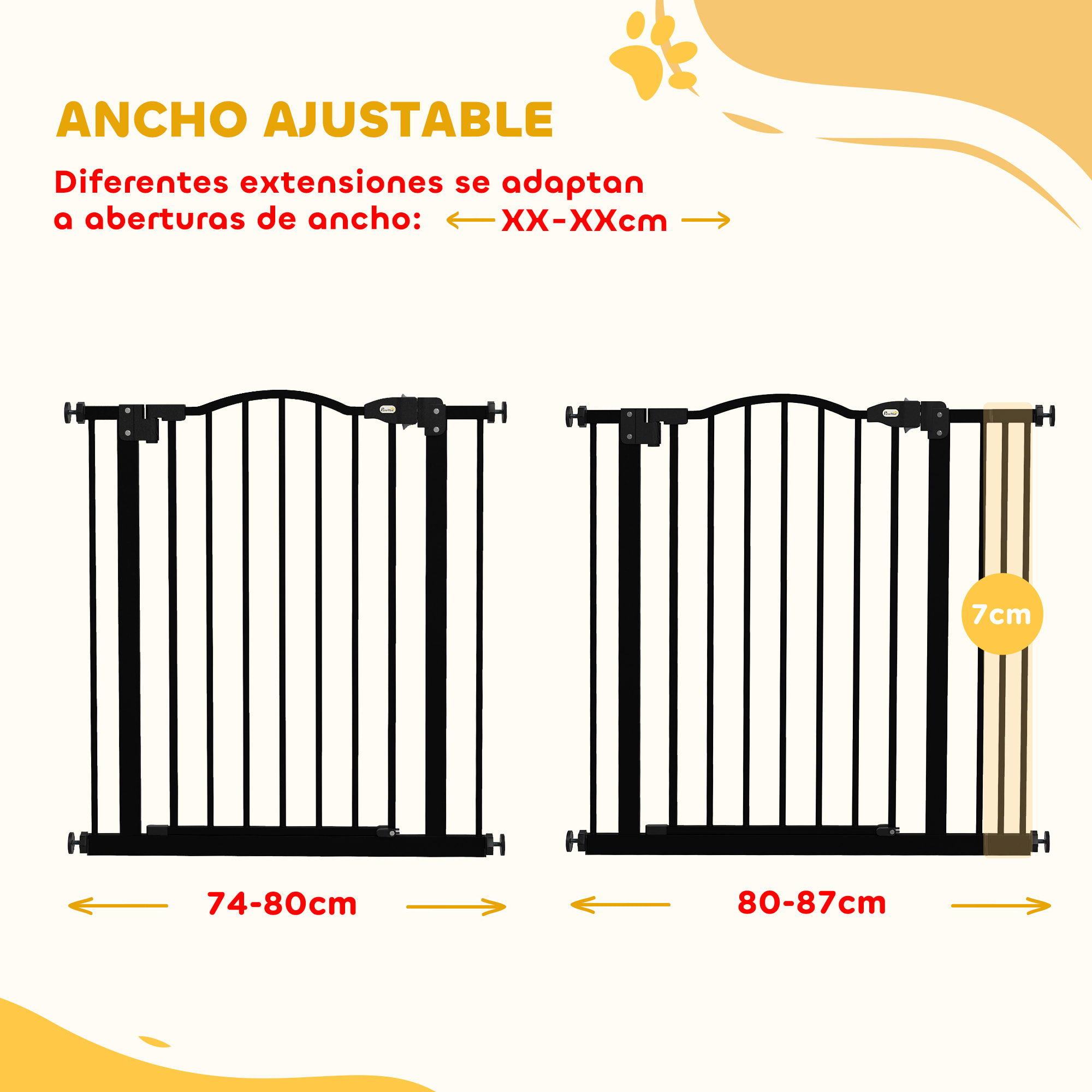 Barrera de seguridad para Perros Extensible 74-87 cm, para Puertas y Escaleras, Barrera para Perros con Extensión 7 cm, Montaje a Presión y Doble Bloqueo, Negro