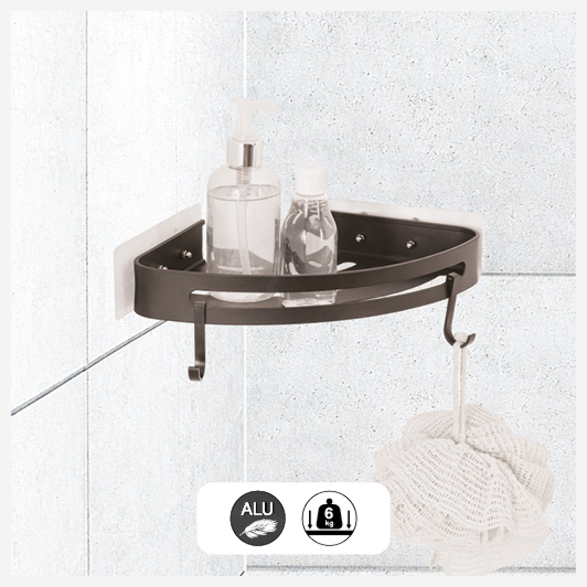 Étagère de douche d'angle stick adhésif noir "Blackalu"