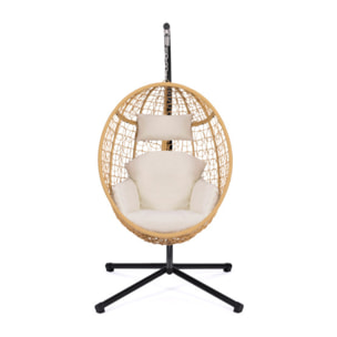Fauteuil œuf suspendu effet rotin avec coussin beige