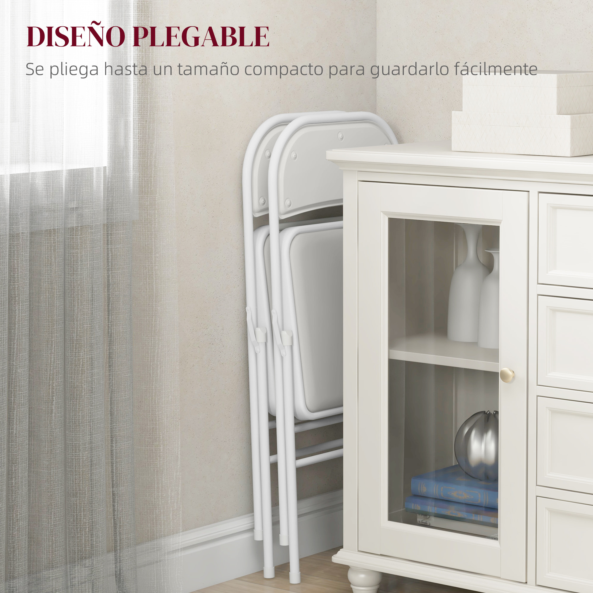 Juego de 2 Sillas Plegables Acolchadas con Respaldo y Estructura de Acero, para Salón, Comedor, Cocina, 45x46x78 cm, Blanco