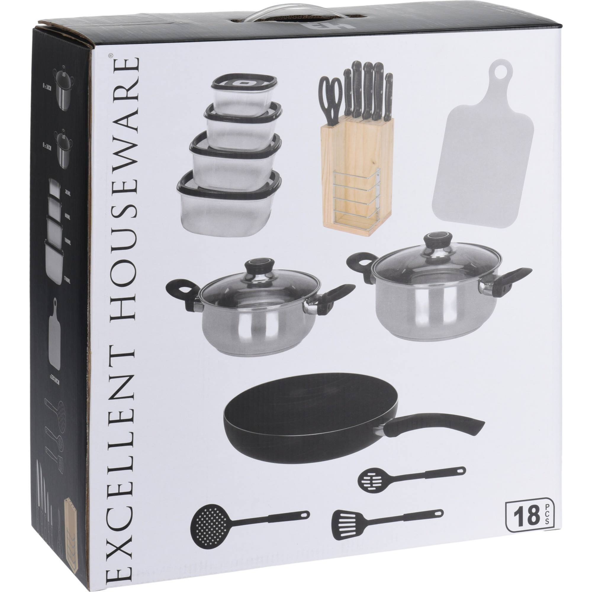 Well home batería de cocina de 18pc (1x sarten + 2 cacerolas + 1 tabla de cortar + 1 tijeras + 3 utensilios de nylon + 4 tuppers + 1 bloque de madera