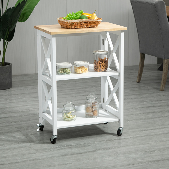 Carro de Cocina Plegable Carrito de Servicio con Ruedas con Estantes de 2 Niveles 60x40x84 cm Blanco