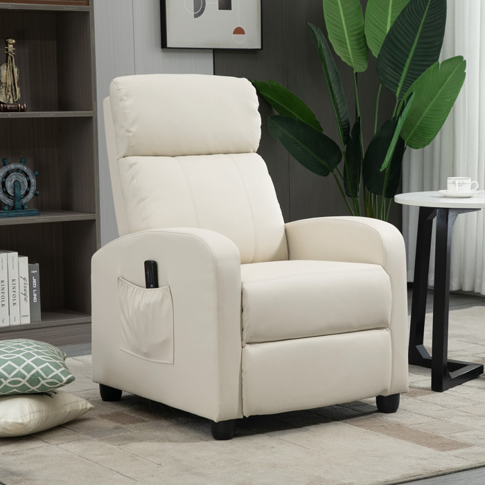 Sillón de Masaje Sillón Relax Reclinable con Mando a Distancia 2 Zonas de Masaje 8 Programas 5 Niveles de Intensidad 1 Bolsillo Lateral y Temporizador Tapizado en PU 68x88x98 cm Crema