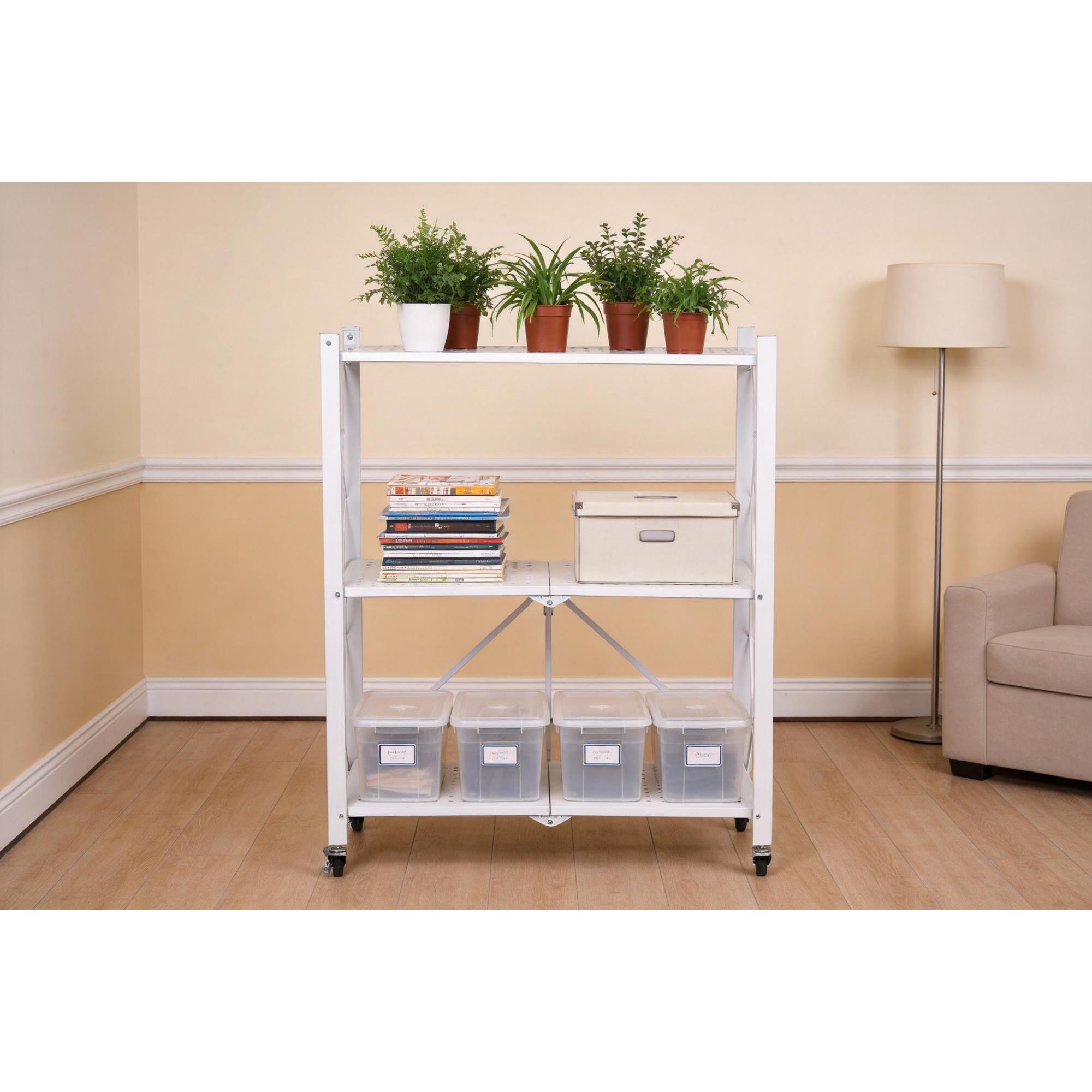 Estantería de Almacenamiento PLEGABLE de 3 Estantes con ruedas, SIN montaje 71x34x89cm color Blanco