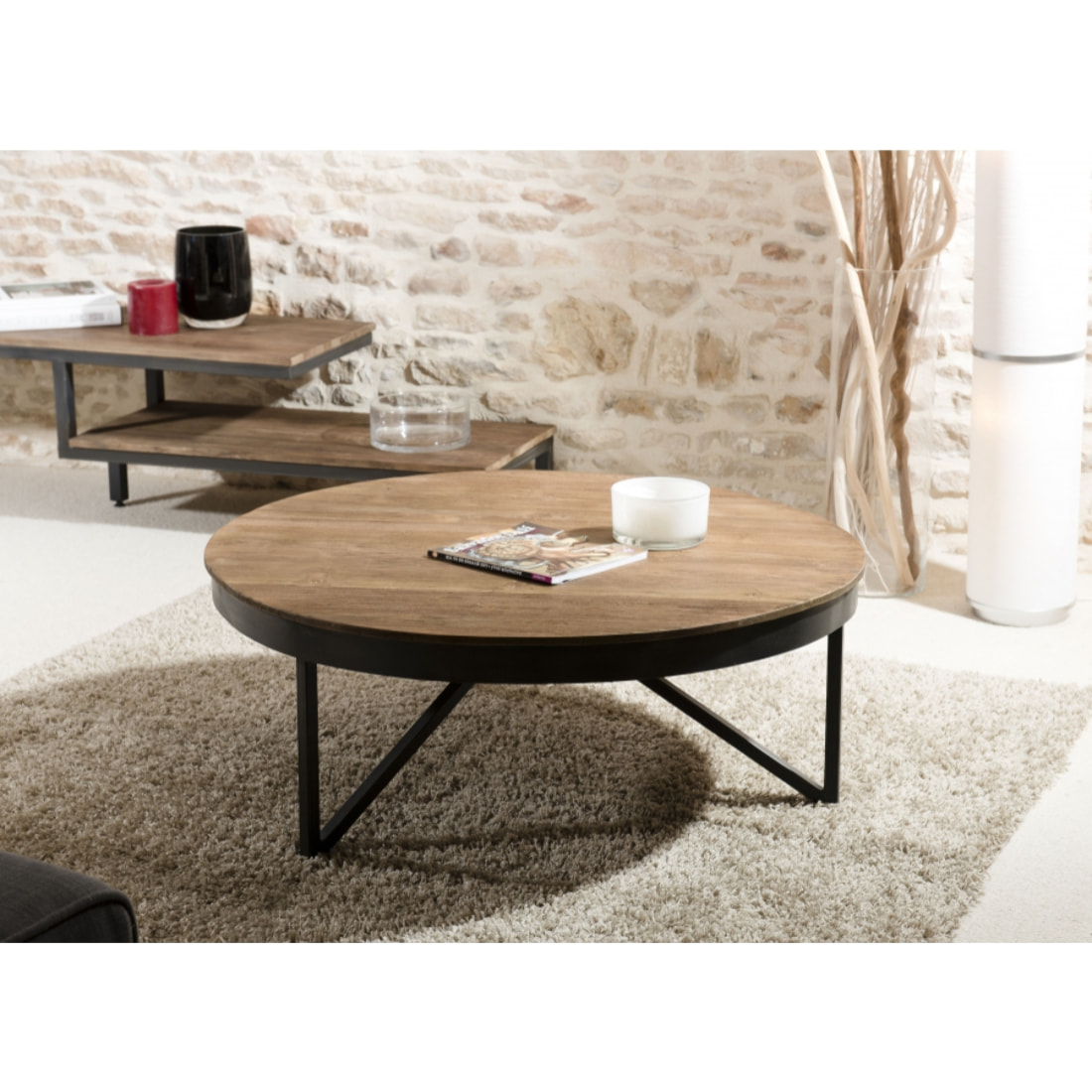 ALIDA - Table basse ronde 90x90cm plateau teck recyclé pied métal noir