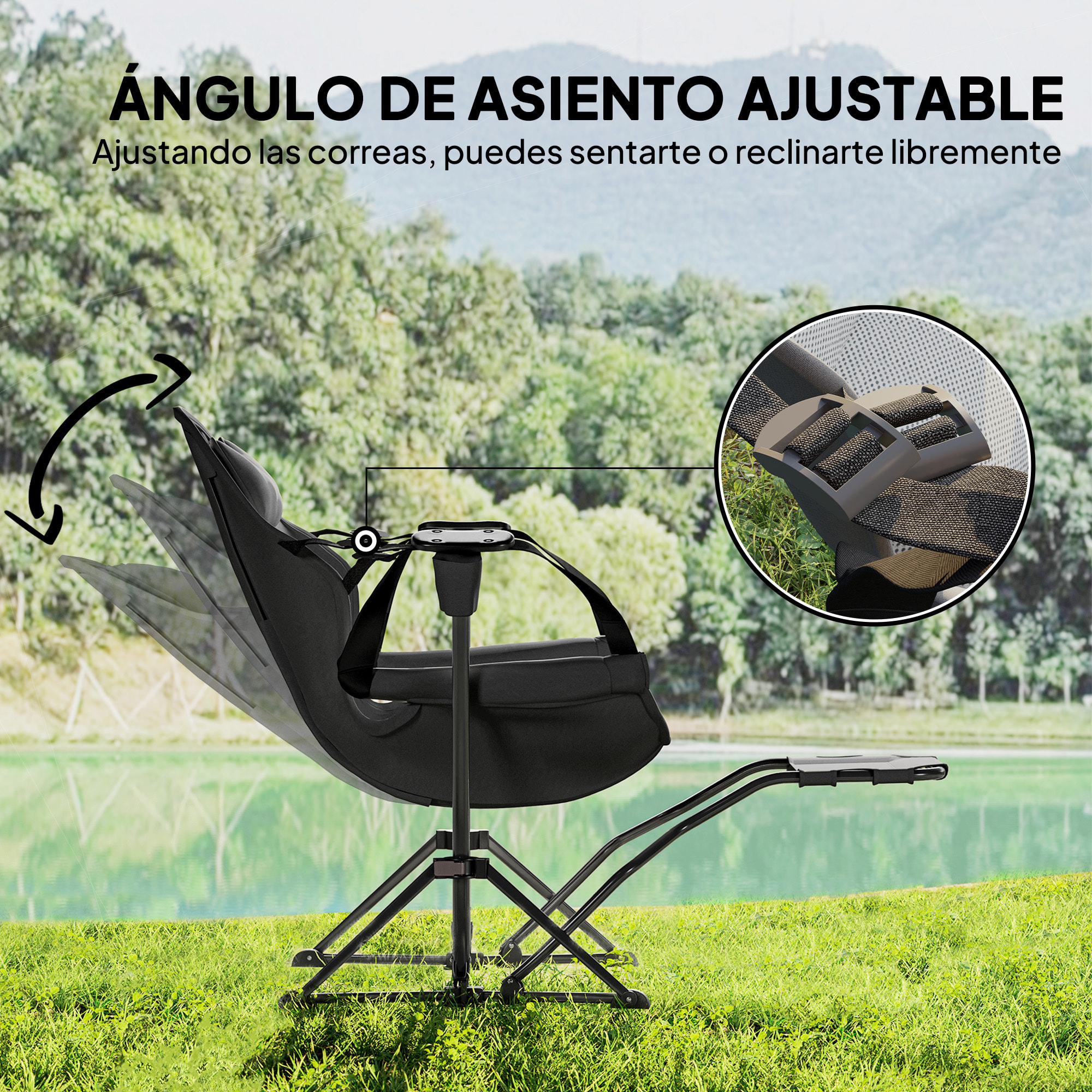 Pack 2 Mecedora Jardín Exterior con Reposapiés Silla Plegable de Camping con Reposacabezas Portavasos Bolsillos y Bolsa de Transporte Carga 120 kg para Playa Camping Pesca Negro