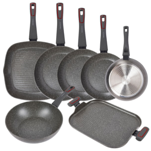 Set de 4 sartenes ø20ø24ø28ø30cm + asador ø28cm + wok ø28cm + parrilla de 35cm en aluminio forjado, 3 claveles