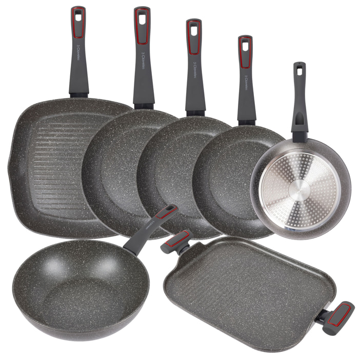 Set de 4 sartenes ø20ø24ø28ø30cm + asador ø28cm + wok ø28cm + parrilla de 35cm en aluminio forjado, 3 claveles