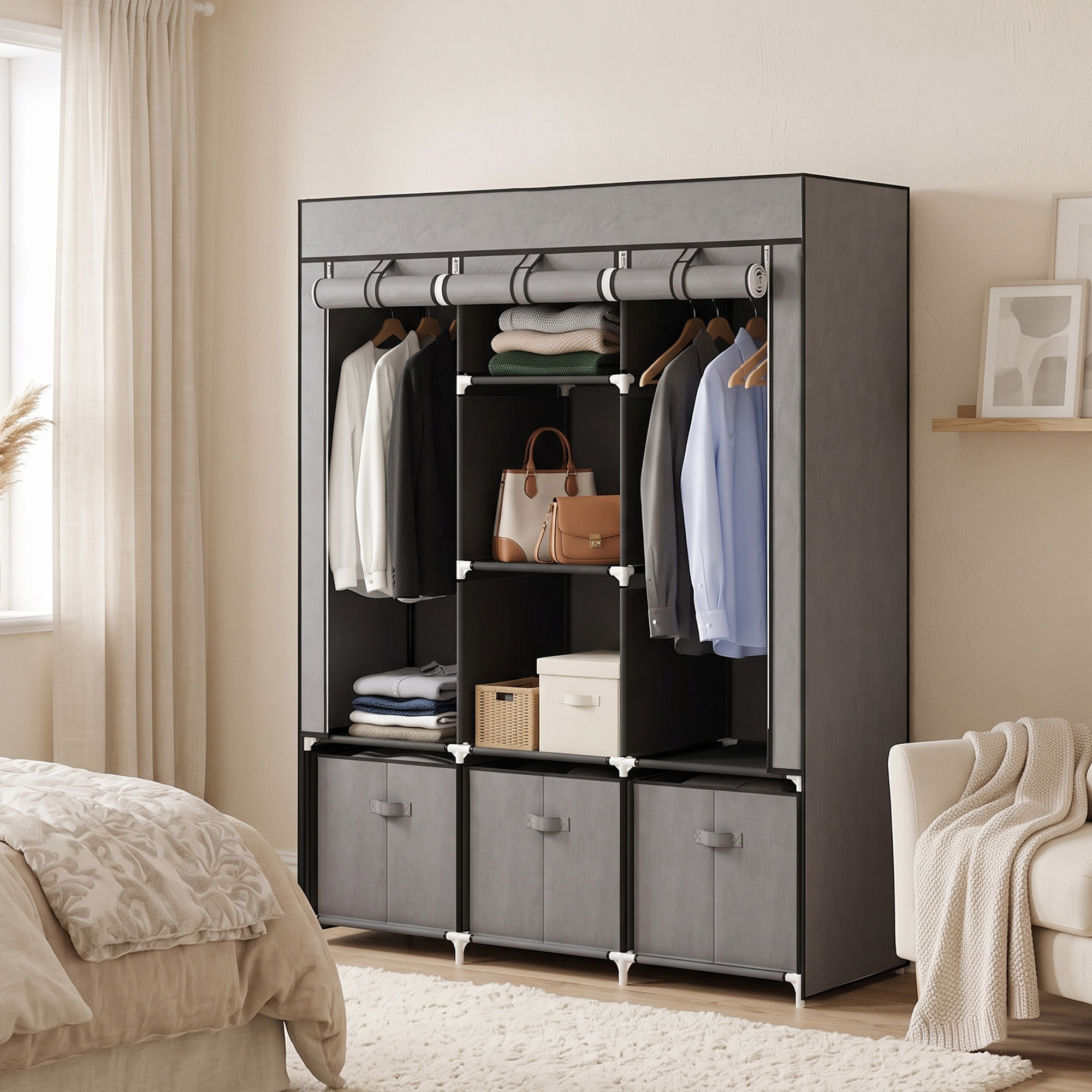HOMCOM Armario de Tela, Armario Ropero con 2 Barras, 5 Estantes Abiertos, 3 Cajones, Cremallera, Marco de Acero, para Dormitorio, Espacio Pequeño, Vestidor, 125x43x162,5 cm, Gris Oscuro