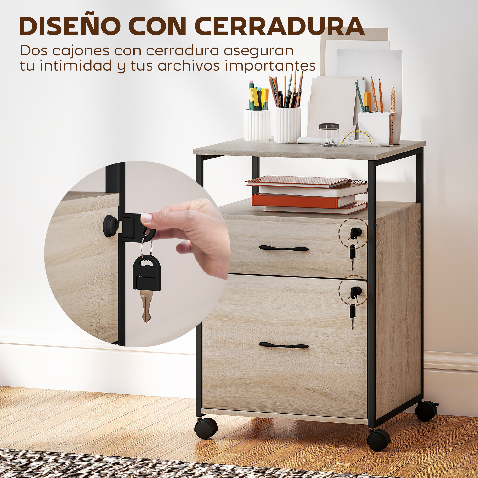 Cajonera de Oficina con 2 Cajones, Cajonera de Escritorio con Ruedas, Barra Colgante, Cerradura y 2 Llaves para A4 Carta, Archivador Móvil para Estudio, 44x40x66,5 cm, Natural