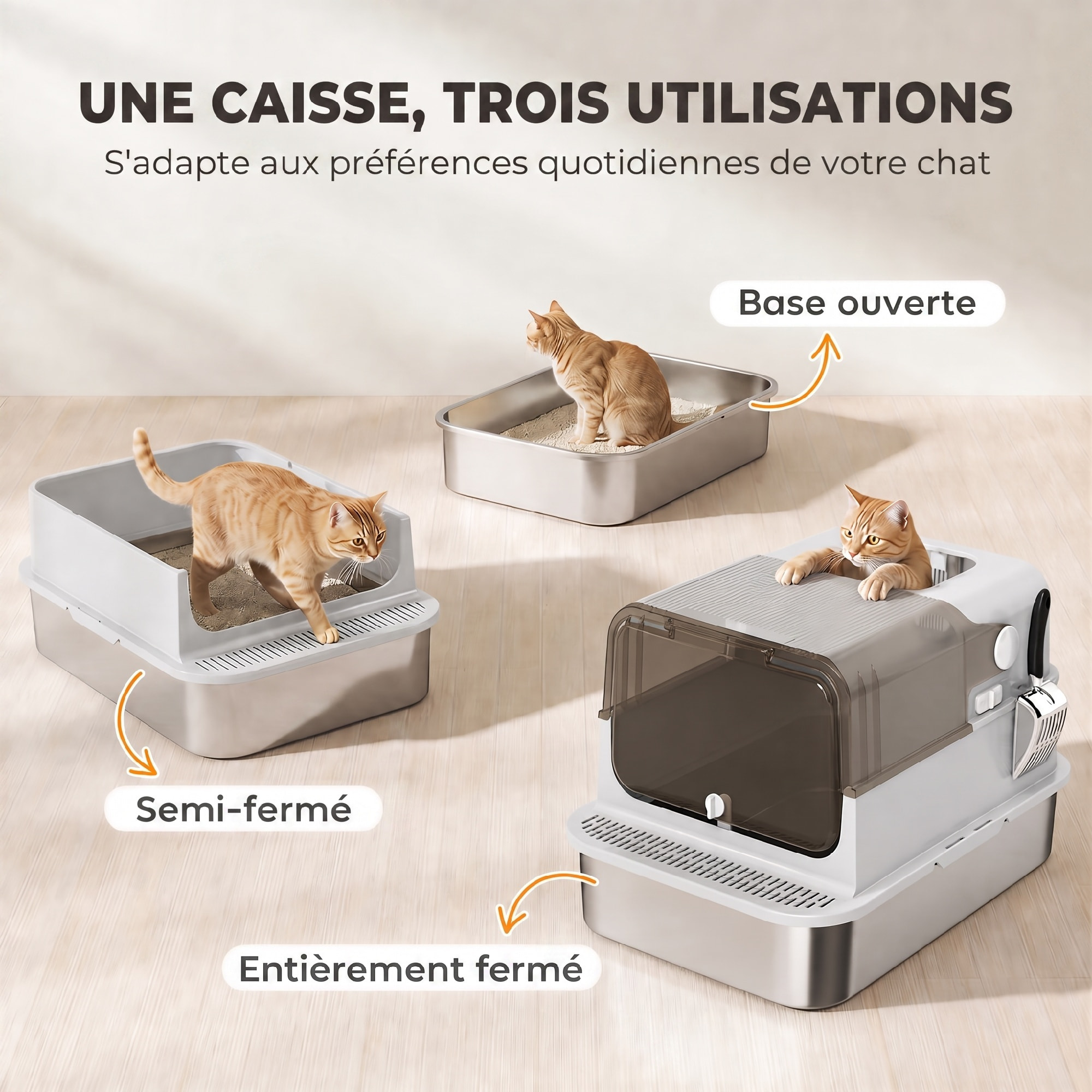 Maison de toilette XL pour chat bac acier inox porte grande ouverture verrouillable pelle