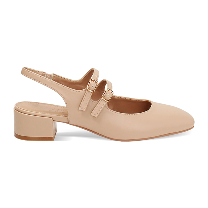 Décolleté slingback donna beige con punta arrotondata, tacco 4 cm