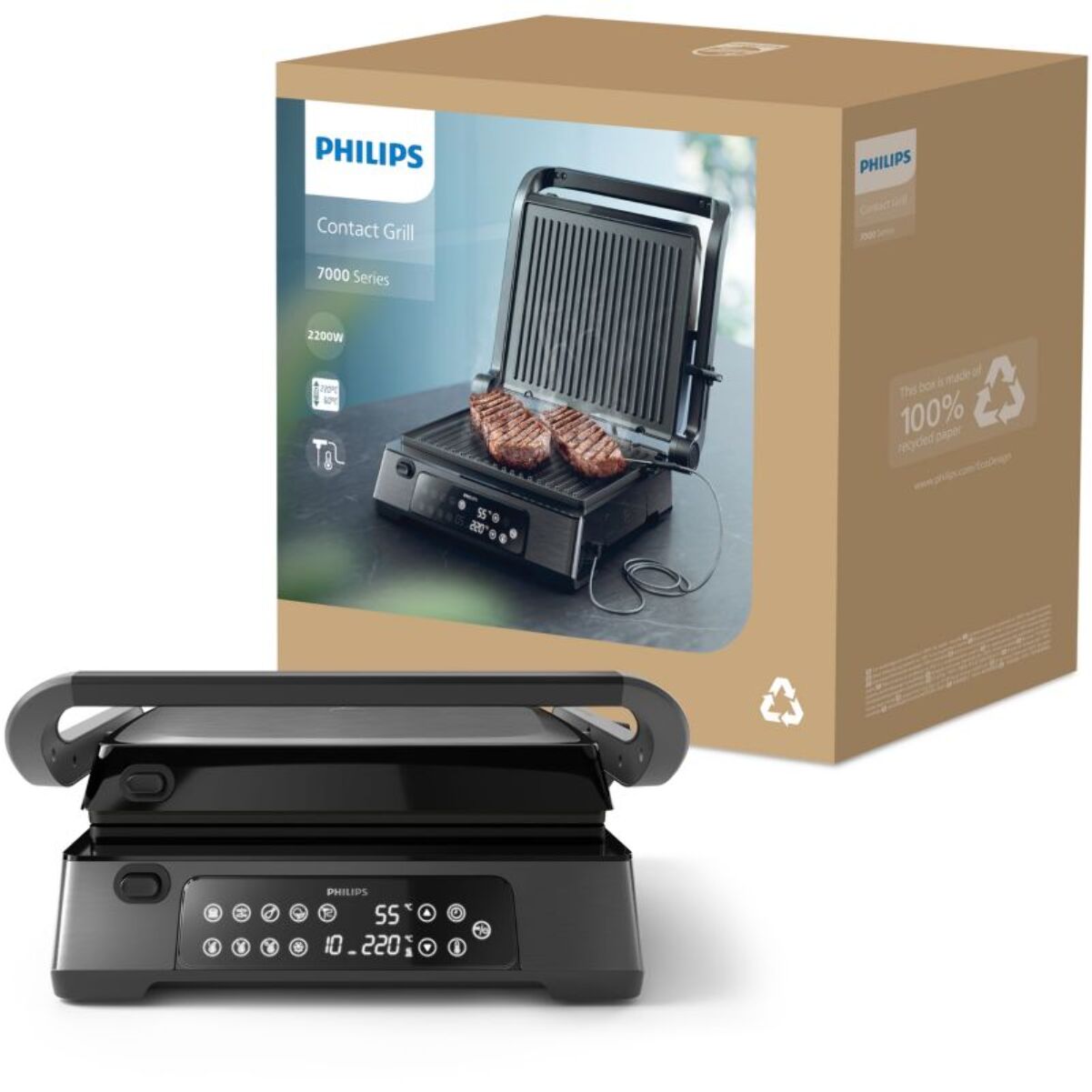 Grille-viande PHILIPS HD6307/70 Grill Série 7000 noir, sonde cuisson, plaques amovibles 29x26 cm, 2200 W