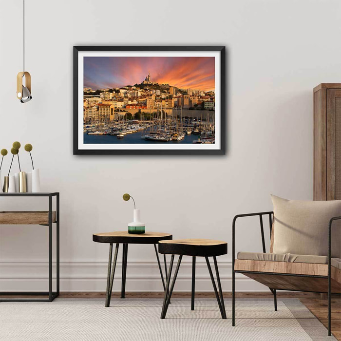 Affiche marseille, la bonne mère Affiche + cadre en bois - Noir