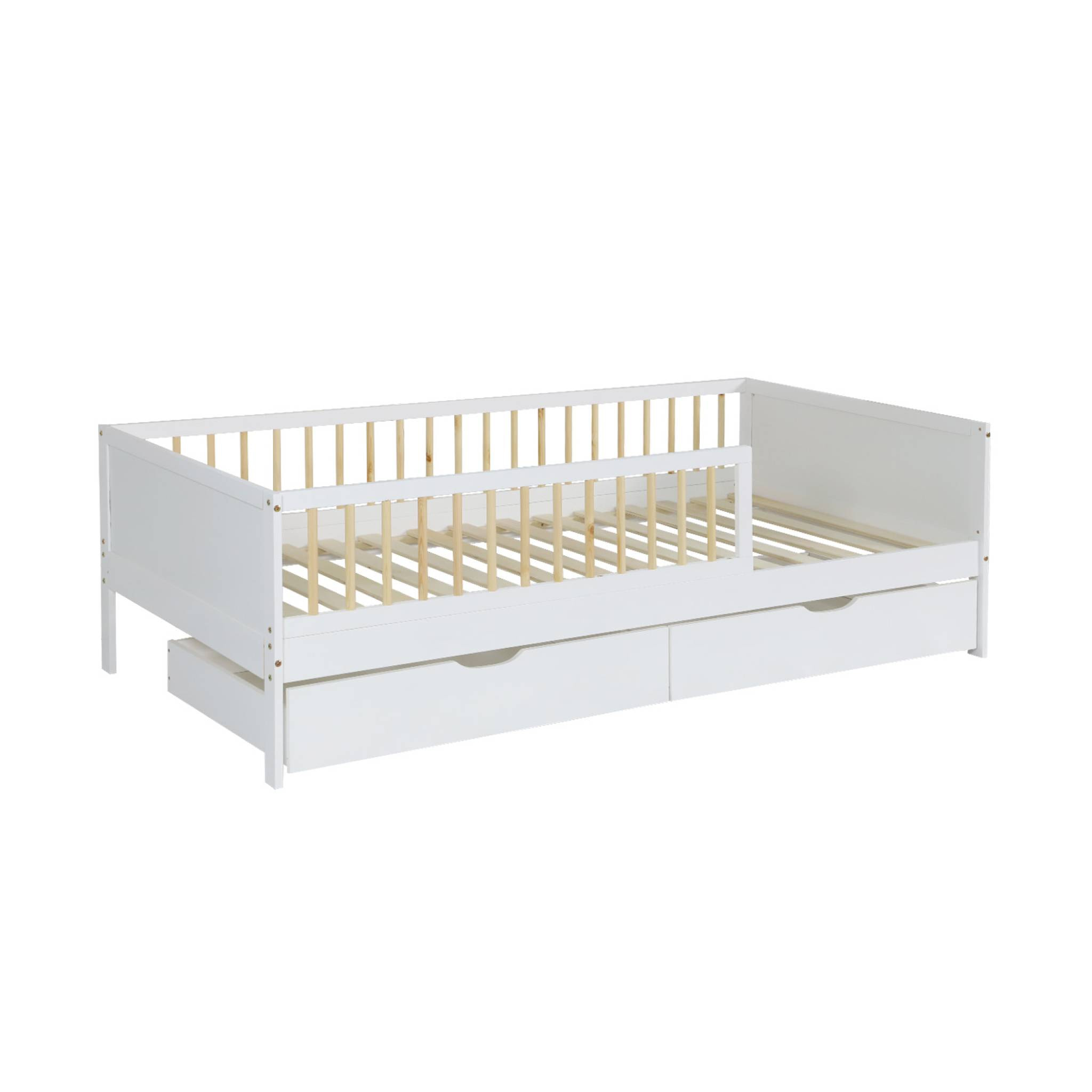 Lit enfant 90 x 190 cm pin naturel avec sommier à lattes et tiroirs ELIO