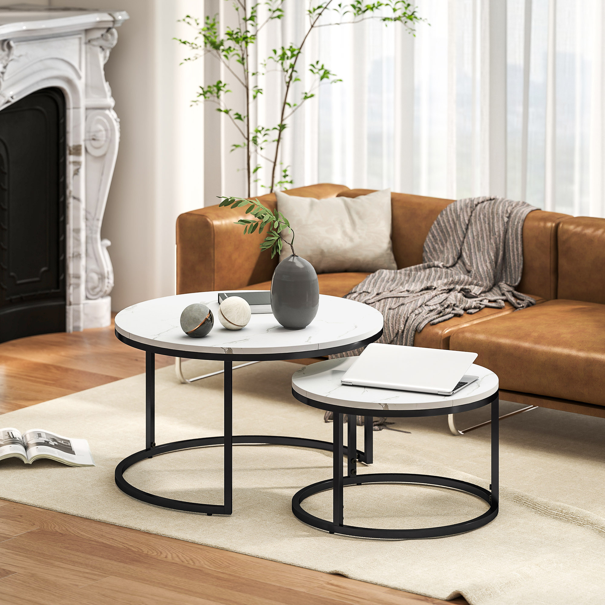 Lot de 2 tables basses rondes gigognes empilables piètement acier noir plateau aspect marbre blanc