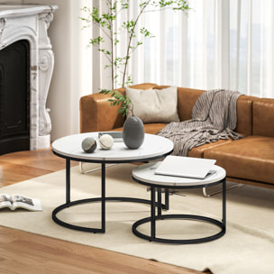 Lot de 2 tables basses rondes gigognes empilables piètement acier noir plateau aspect marbre blanc