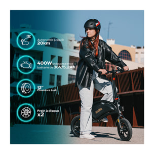 Draisienne Électrique Adulte E-bike 120 – Moteur 1000W - Autonomie Jusqu'a 18 km - Pneu 12" Gonflable - Batterie 42V/5.2Ah - Poids 15Kg
