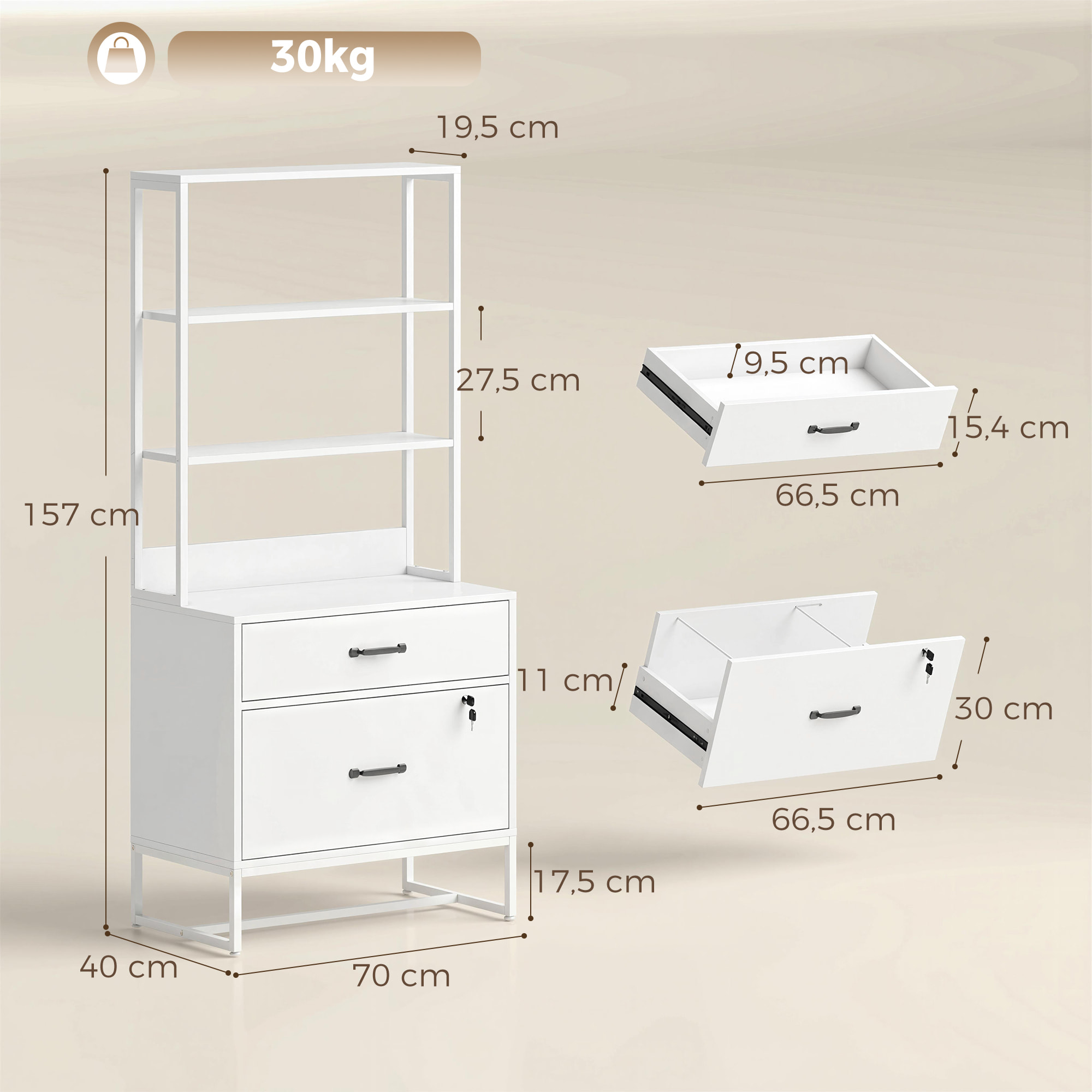 Cajonera Escritorio con Estantería, Mueble Archivador con 2 Cajones, Encimera para Impresora, Cerradura, para A4 Letter Legal, para Oficina, Estudio, Blanco