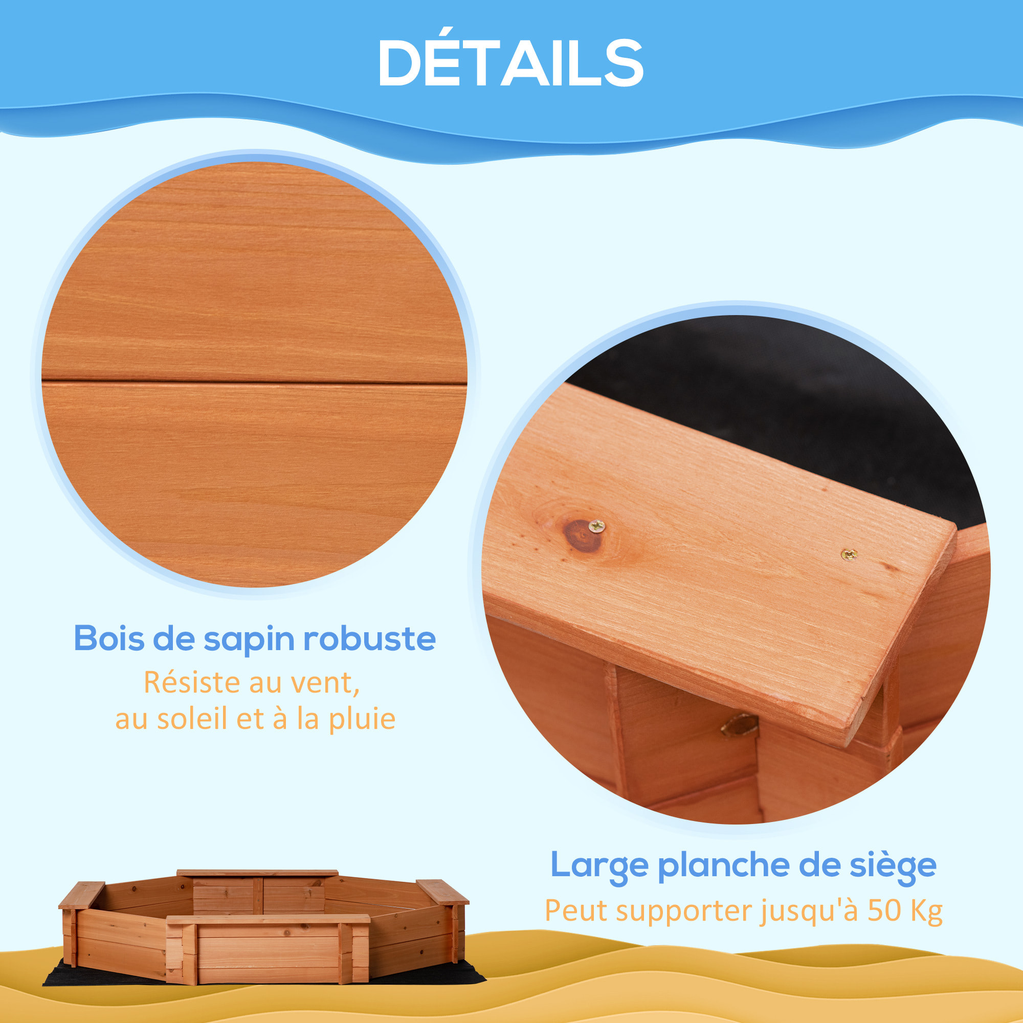 Bac à sable bois octogonal dim. 139,5L x 139,5l x 21,5H cm - 4 bancs - bâche de couverture, non tissé de sol inclus - bois sapin pré-huilé