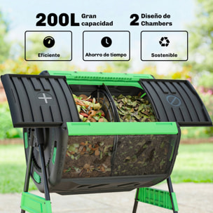 Compostador Giratorio de 200L, Contenedor de Compostaje de Jardín de Doble Cámara, Sin BPA, Compostadora con Aberturas de Ventilación, 2 Puertas Deslizantes y Patas de Metal, Verde