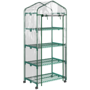 Serre de jardin balcon sur roulettes 4 étagères dim. 0,69L x 0,5l x 1,65H m acier thermolaqué bâche PVC porte zippée transparente