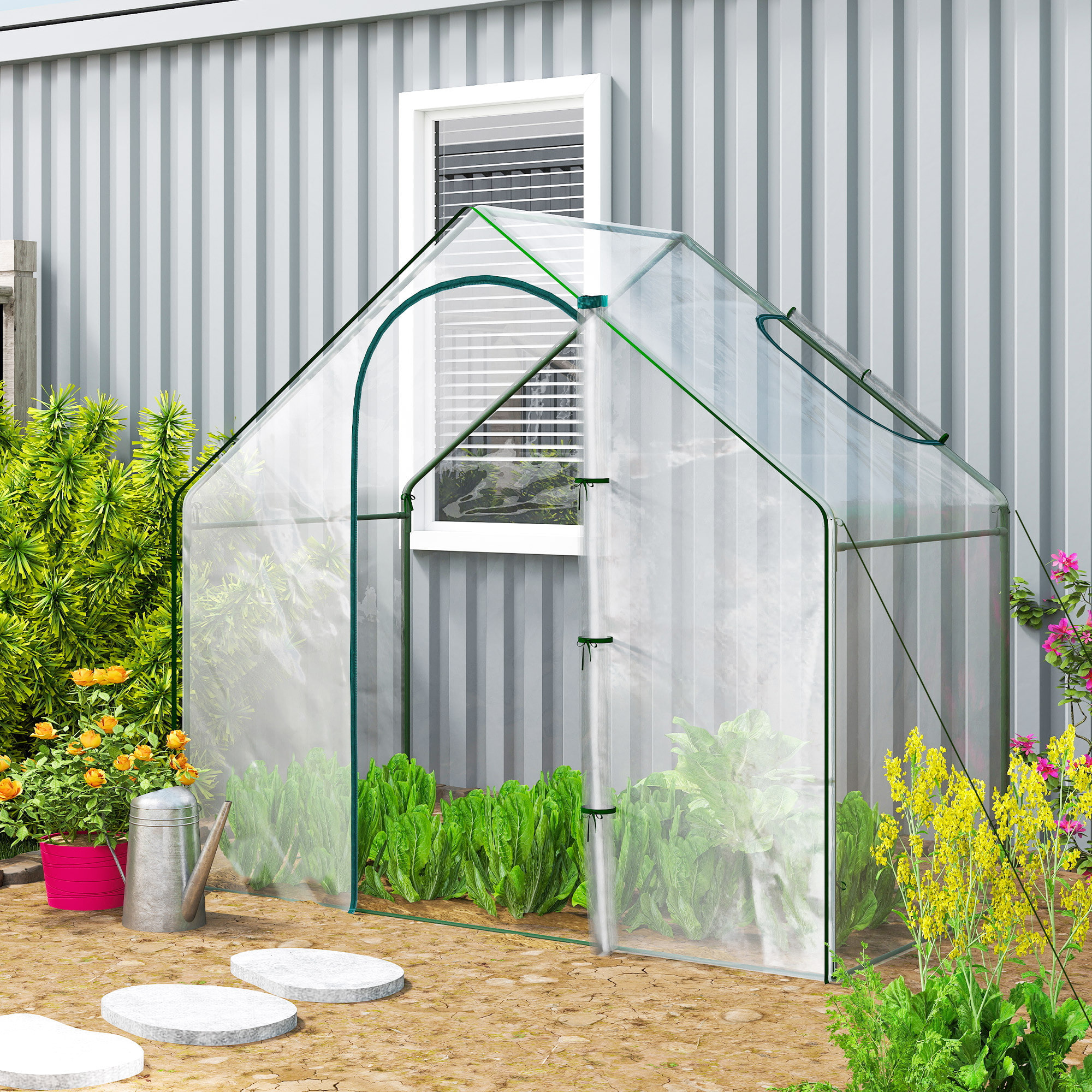 Invernadero Pequeño, Invernadero de Exterior con Ventana y Puerta con Cremallera, Marco de Acero, Cubierta de Plástico Impermeable Anti-UV para Cultivar Plantas, 180x100x168 cm, Transparente