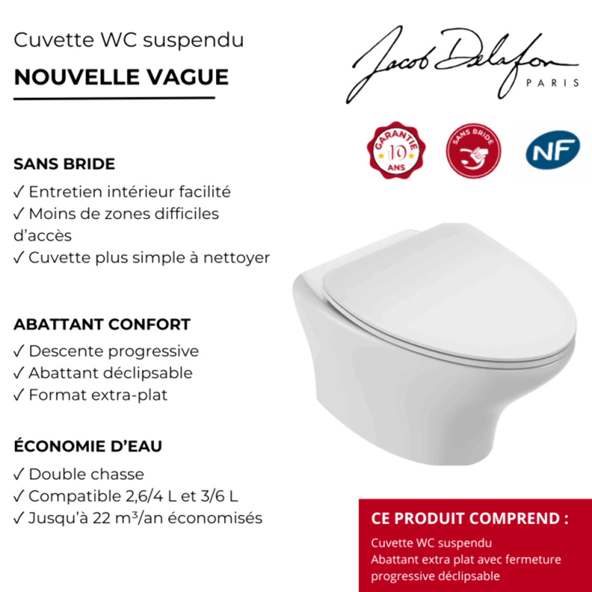 Cuvette WC suspendu sans bride Nouvelle Vague avec abattant frein de chute extra-plat déclipsable