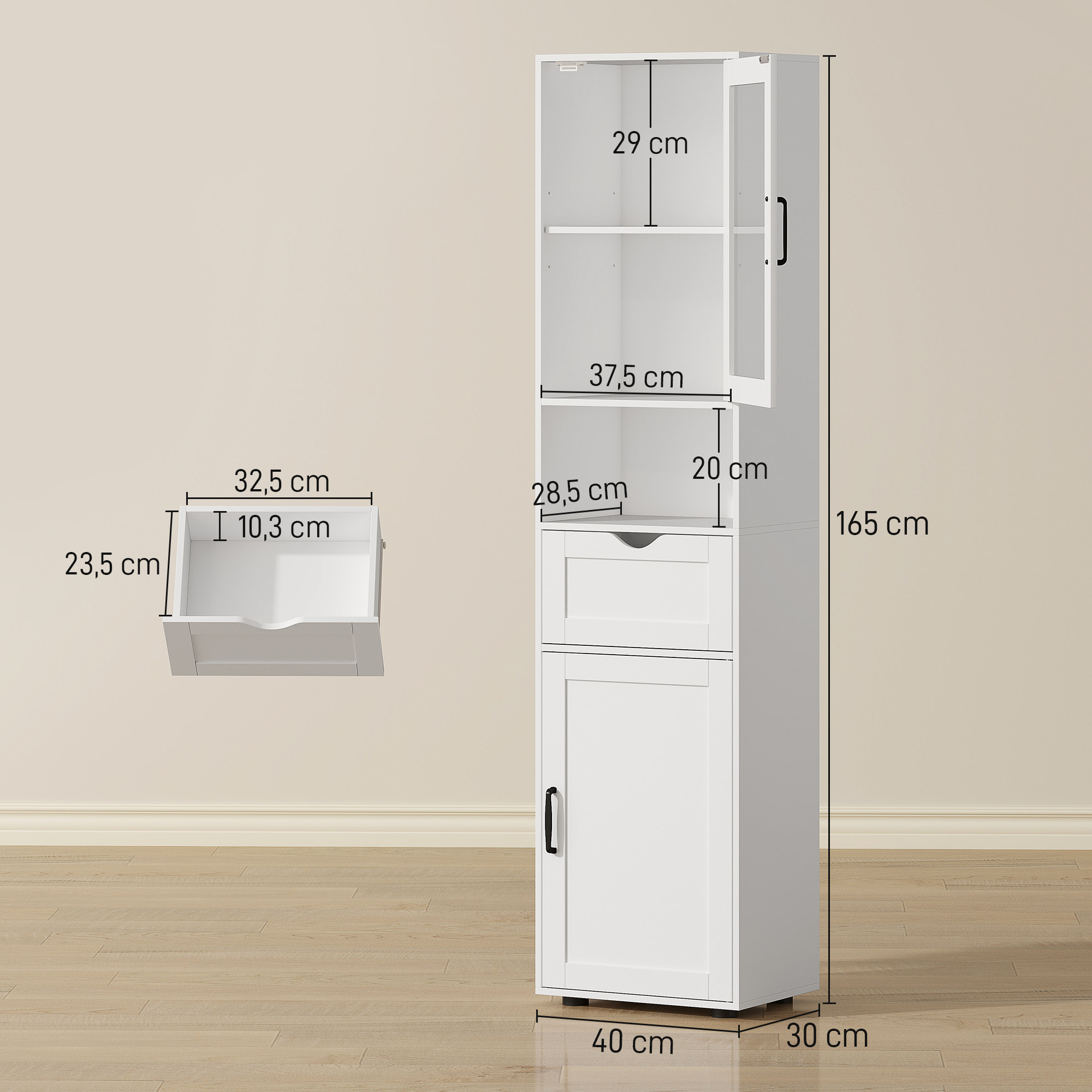 Armario de Baño Alto, Mueble Auxiliar de Baño con Puerta de Vidrio, Estantes Ajustables, Cajón, Estante Abierto, Columna Estrecha para Espacios Pequeños, 40x30x165 cm, Blanco