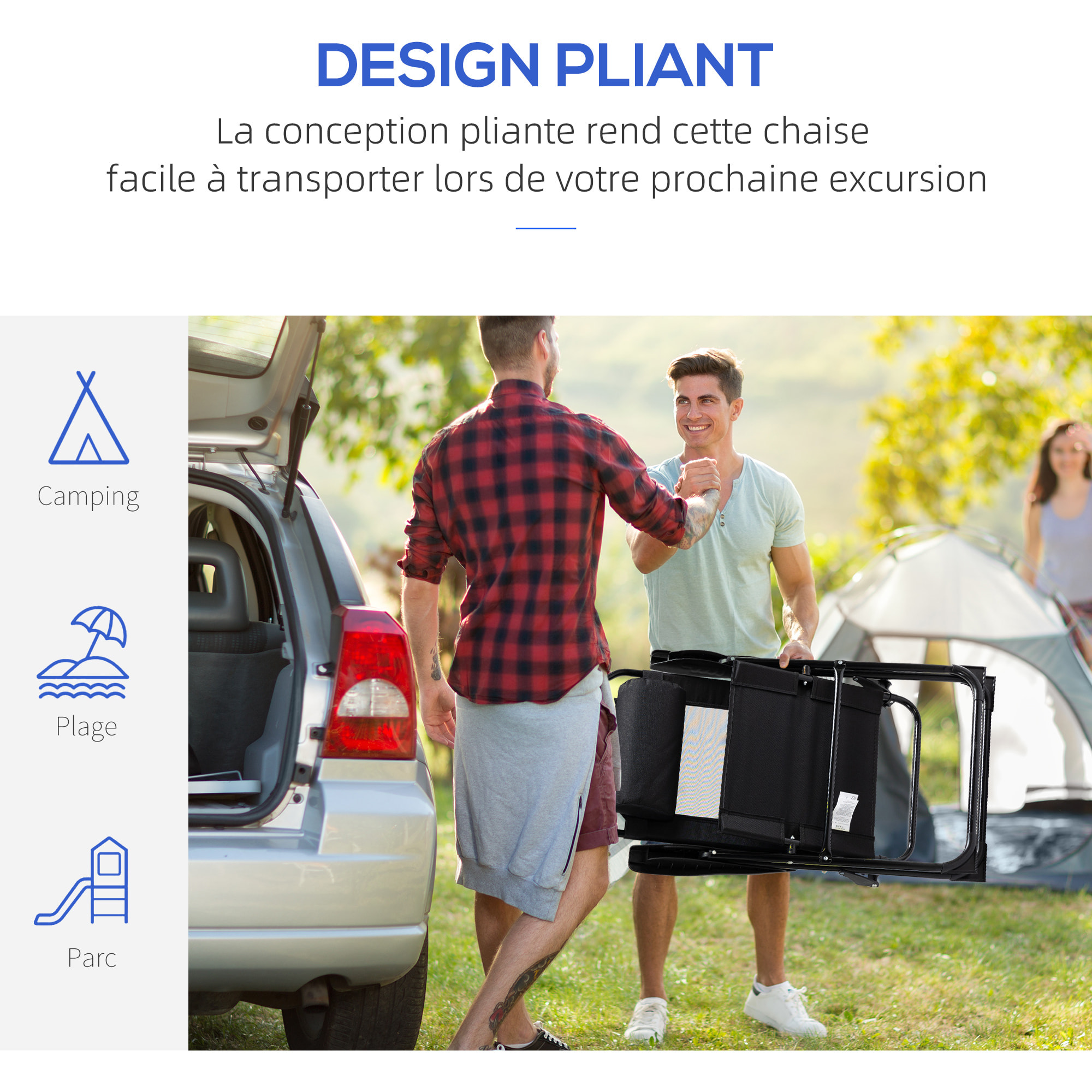 Lot de 2 chaises de jardin camping pliables - dossier inclinable 5 positions - tétière incluse - acier époxy oxford textilène noir