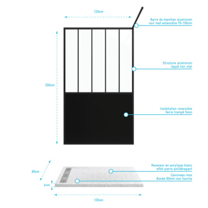 Pack Paroi de douche 120x200 cm noir mat - verre trempe 5mm + Receveur extra plat à poser - caniveau