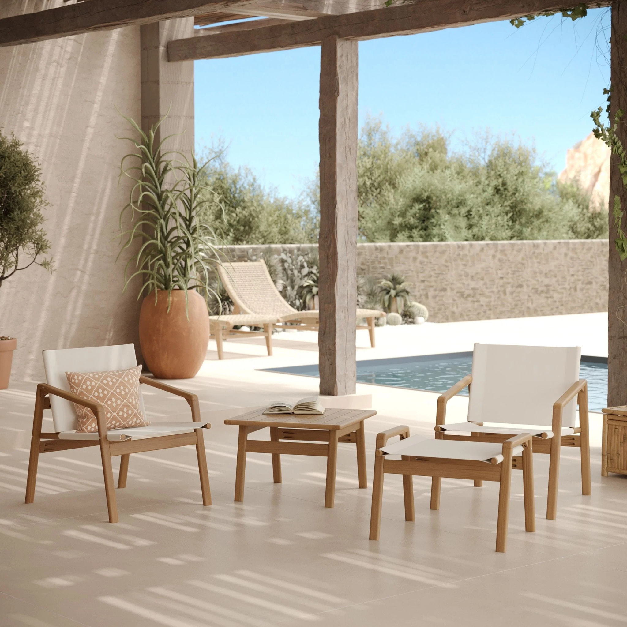 Salon de jardin en bois d'acacia huilé et tissu écru 2 places - Palawan