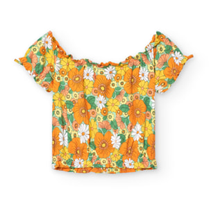 Camiseta niÃ±a estampada, flores, naranja de manga corta