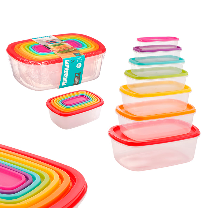 Set di 7 contenitori rettangolari in plastica con design multicolore.