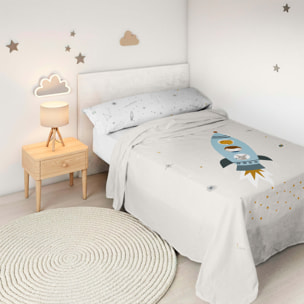 Juego de Sábanas Estampadas - Infantil - Incluye 1 Funda de Almohada - 100% Algodón - Viaje Espacial