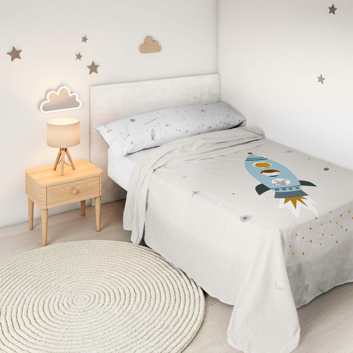 Juego de Sábanas Estampadas - Infantil - Incluye 1 Funda de Almohada - 100% Algodón - Viaje Espacial