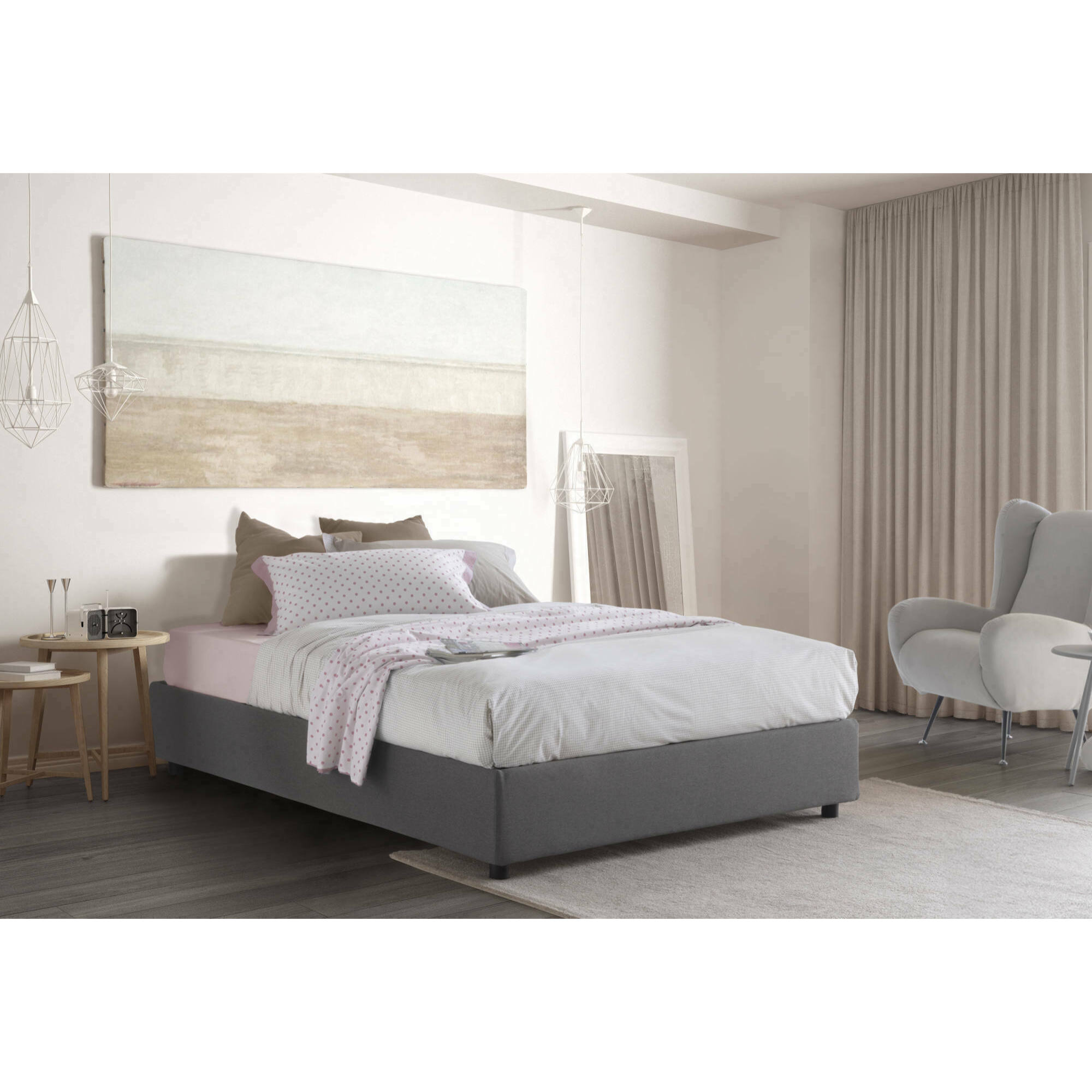 Letto matrimoniale Maria, Letto contenitore con rivestimento in tessuto, 100% Made in Italy, Apertura frontale, adatto per materasso Cm 160x200, Grigio