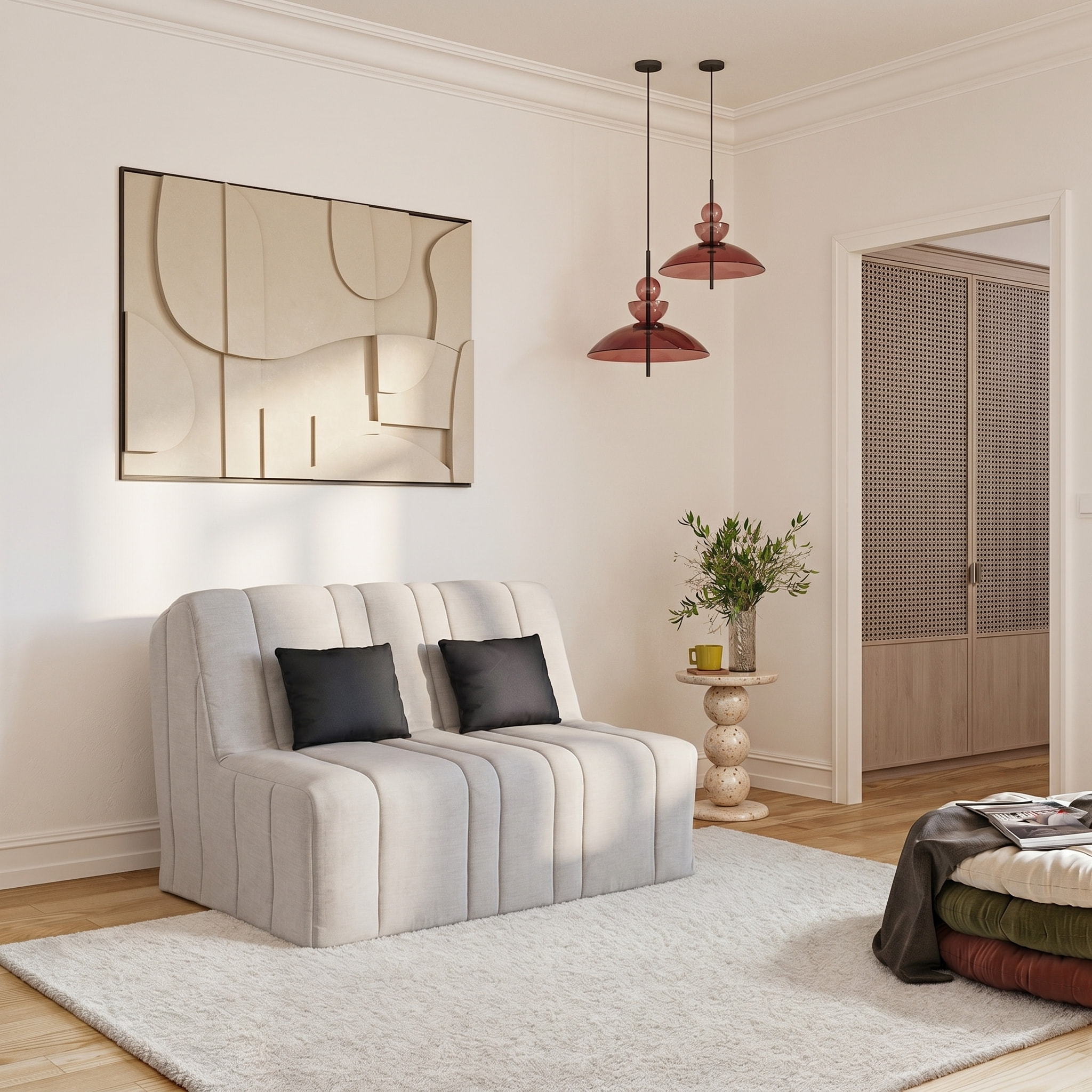 Banquette convertible Nea, matelas Simmons, 140 x 190 cm, 2 coussins offerts, Aba perle