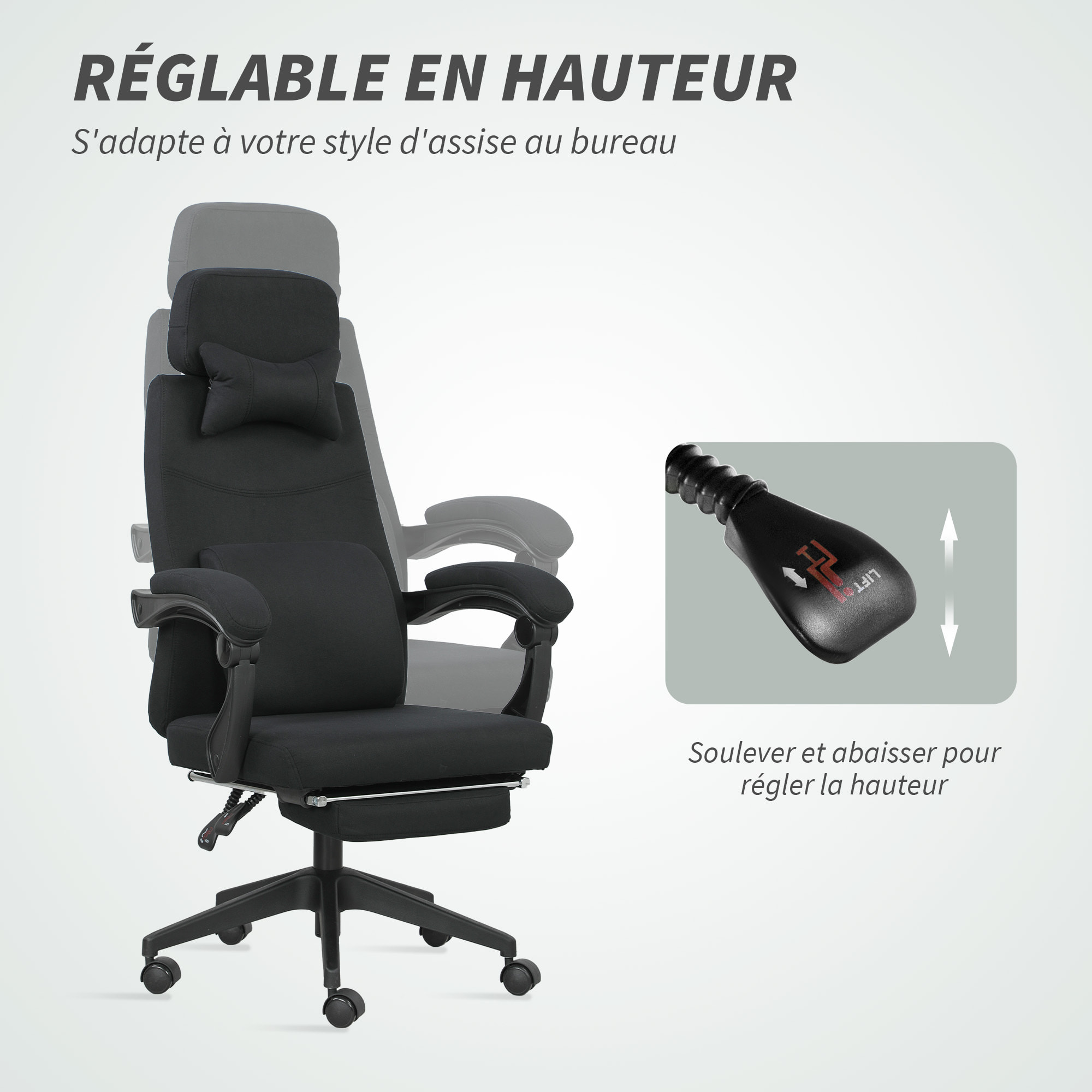 Fauteuil de bureau manager grand confort dossier réglable repose-pied coussin lombaire roulettes 360° lin 62L x 68P x 127H cm noir