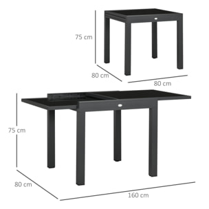 Table extensible de jardin grande taille dim. dépliées 160L x 80l x 75H cm alu métal époxy anthracite plateau verre trempé noir