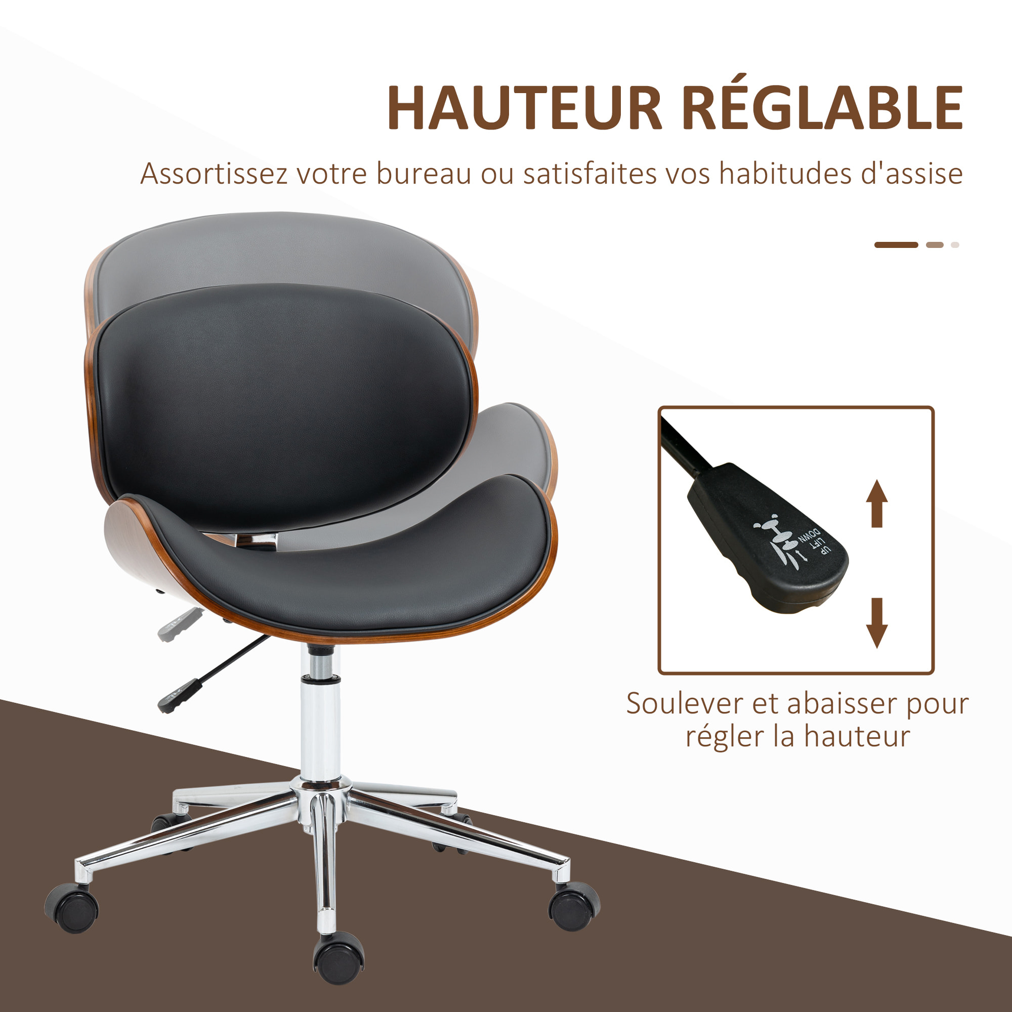 Chaise de bureau manager design vintage pivotante réglable bois peuplier acier chromé synthétique noir