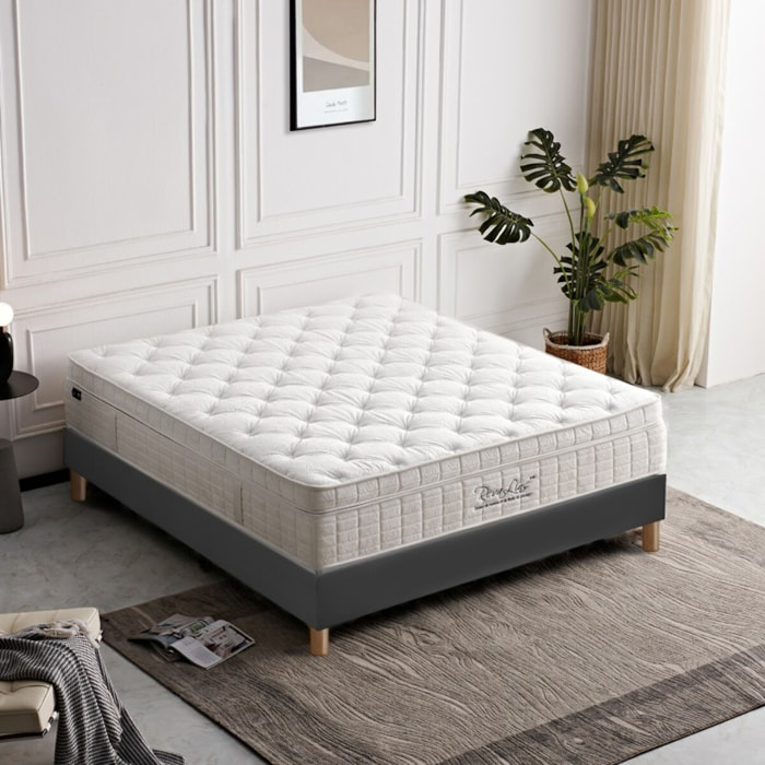 Ensemble Matelas Améthyste & sommier déco| 37 cm | Mémoire de forme, latex et ressorts ensachés | Cadre à lattes |Simili cuir | Gris