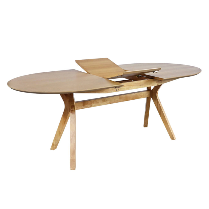 Table à manger oblongue extensible. 160-200cm + 8 chaises en bois d'hévéa et tissu beige